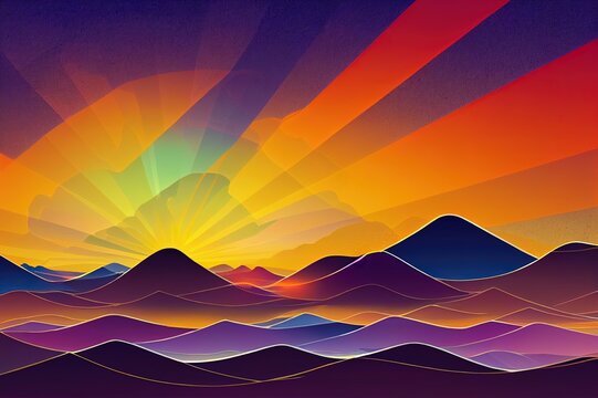Sunset sky in evening with orange, yellow and purple colour, Dramatic twilight landscape with dark blue sky,2d illustrated mesh horizon banner of sunrise for Spring or Summer background, Panorama