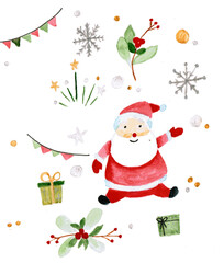 Hand drawn for new year and christmas: gifts, santa, watercolor