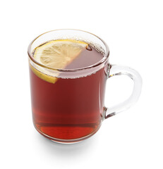 Glass cup of black tea with lemon on white background