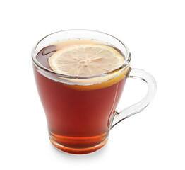 Glass cup of black tea with lemon on white background