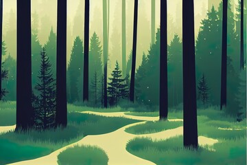 Obraz premium Pine forest background, 2d illustrated illustration, hand drawn, sketch