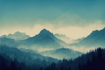 Obraz premium Misty foggy mountain landscape with fir forest and copyspace in vintage retro hipster style