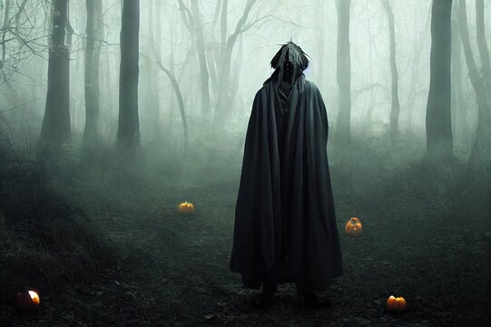 A terrible forest sorcerer with a canvas bag on his head and in a sackcloth robe stands in a dense forest with a black raven on his hand. Scarecrow. Halloween Tales. Horror, thriller.. High quality