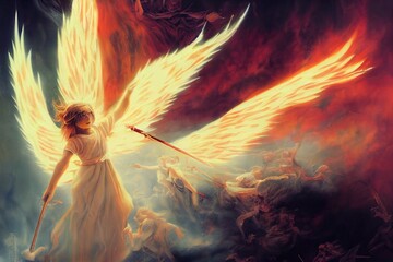 Beautiful young girl angel bursts into the thick of the battle with the demons along with a volley of divine spears of light bombarding the infernal creatures piercing them through and burning them