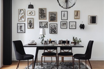 Stylish dining room interior with design wooden family table, black chairs, teapot with mug, mock up art paintings on the wall and elegant accessories in modern home decor. Template.