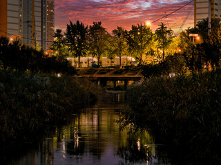 가을 도시의 석양