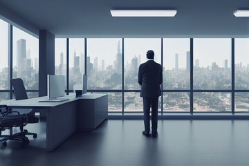 Fototapeta premium 3d rendering businessman stand in office viewing beautiful modern city