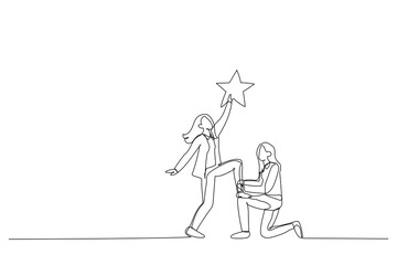 Drawing of businesswoman manager support colleague to stand on his knee to reach target. Metaphor for teamwork. Continuous line art