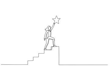 Drawing of businesswoman climb up stair to the top to reaching to grab precious star reward. Concept of accomplishment. One line art style
