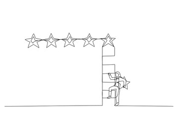 Cartoon of businesswoman holding 5th star climb up ladder to put on best rating. Concept of customer feedback. Single line art style
