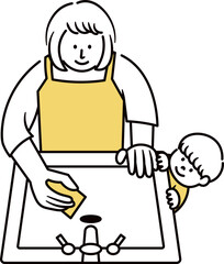 洗面所の掃除をしている母親と子供のイラスト素材