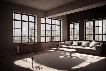 Fototapeta premium Living room interior in loft, industrial style, 3d render