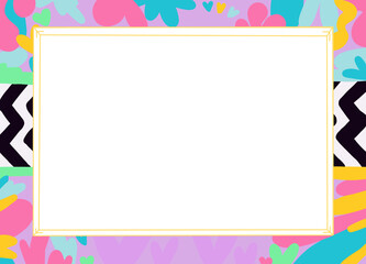 Colorful art motel inspired pastel camouflage zigzag hand drawn rectangle border greeting card horizontal holiday announcement design cartoon illustrated frame