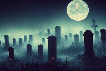 Scary and mystical cemetery at night with tombstones, graves and crosses on a moonlight night. Halloween, magic and mysticism.. High quality Illustration