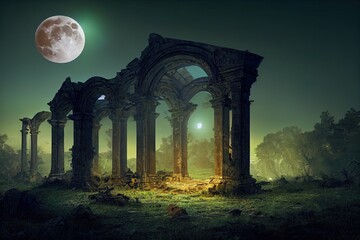 Fototapeta premium Fantasy full moon scene with old abandoned ruins. 3D illustration.
