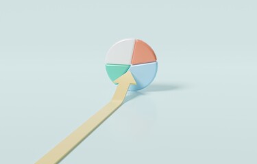 Arrow to reach pie chart, motivation and aspiration to reach expected result concept, 3d render illustration. 
