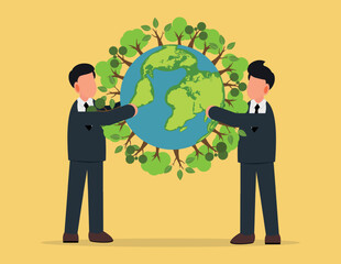 Save the Planet .two businessman holding taking care of green world globe sphere with love, Environment protection