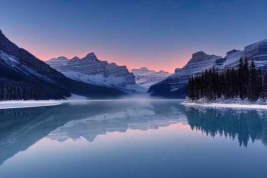 Stunning blue hour shot of a boat house on a crystal clear winter morning at Lake Louise, Alberta, Canada
