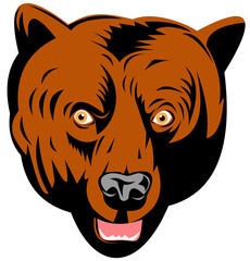 Illustration of a grizzly or brown bear head facing front done in retro woodcut style.