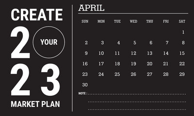 Vector illustration of 2023 calendar year. April 2023 calendar template. Black and white calendar design. Eps10 Vector 