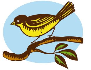 illustration of a New Zealand fantail bird on a branch done in retro woodcut style