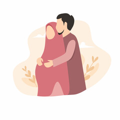 illustration of a romantic couple husband hugging a pregnant wife
