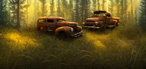 Obraz na płótnie Canvas Artistic concept painting of a old timer car in the forest, background illustration.