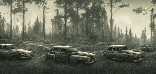 Plakat Artistic concept painting of a old timer car in the forest, background illustration.