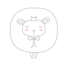 Cute contour sheep with crown, bow and pink cheeks