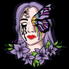 illustration art butterfly girl skull with flower t-shirt design