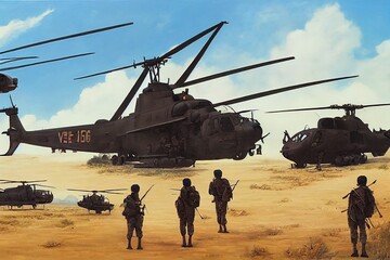 Scenery of soldiers and helicopters during the Vietnam war in an artistic painting illustrations fine art concepts.