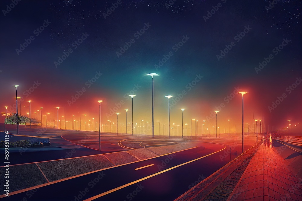 Poster Road leading to modern illuminated night city. Forward concept