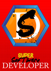 Superhero coat of arms showing Software Developer icon. Colorful comic book style vector illustration.