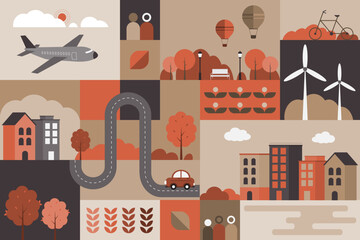 Lifestyle the city landscape concept in the autumn. Urban environment and travel. Vector Illustration of geometric flat design with the simple cityscape.