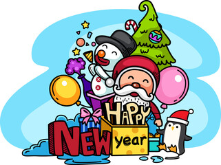 Hand drawn santa claus happy new year and merry christmas