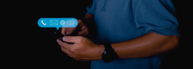 Contact us or Customer support hotline people connect. Businessman access contact connect online by smartphone.