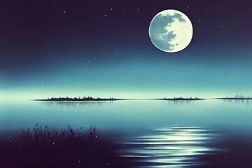 Fototapeta na wymiar Night mystical scenery. Full moon over the foggy river and its reflection in the still water.. High quality Illustration