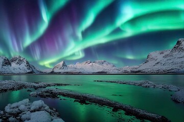 Fototapeta na wymiar Northern lights and snow covered mountains in Lofoten islands, Norway. Aurora borealis. Starry sky with polar lights and snowy rocks reflected in water. Night winter landscape with aurora, sea. Nature