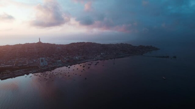 Coquimbo Seacoast With Docked Boats During Dusk In Chile. Aerial Wide Shot