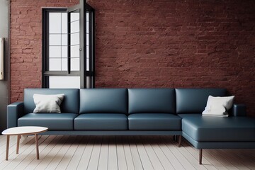 Living room in industrial style with leather sofa and brick wall 3d rendering