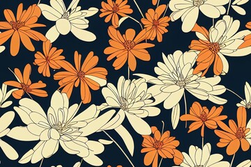 Abstract elegant seamless pattern with hand drawn chrysanthemums flowers and leaves. Pattern for creating packaging, wallpaper, fabric.