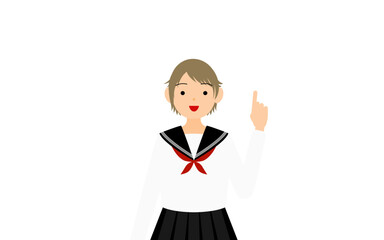 白いセーラー服を着た女子生徒、指さししてアドバイスする
