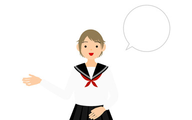 白いセーラー服を着た女子生徒、話しかける（吹き出しつき）