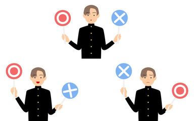 マルバツ棒で問題に答える学ランを着た男子生徒のセット