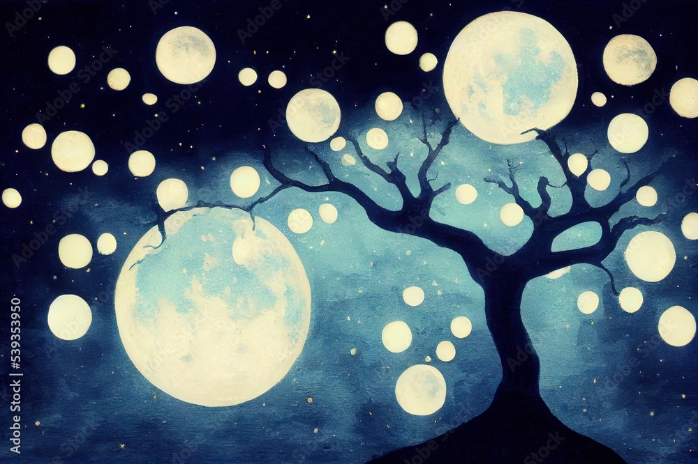 Sticker moon tree in night