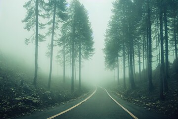 Fototapeta na wymiar Road in fog forest. Taken in Beskidy mountain, Poland.