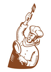 chef cook baker holding frying pan and spatula
