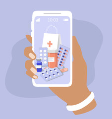 vector illustration in a flat style on the theme of ordering medicines using an application in a smartphone