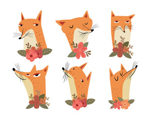 Fototapeta premium Beautiful cute fox heads illustrations set with flowers