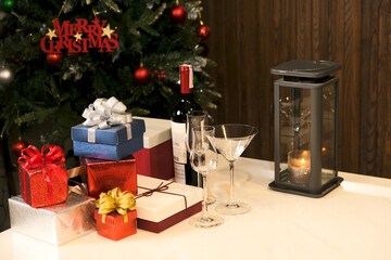 Red wine glasses on New Year's table at a luxury restaurant Celebrate Merry Christmas and New Year's Day
